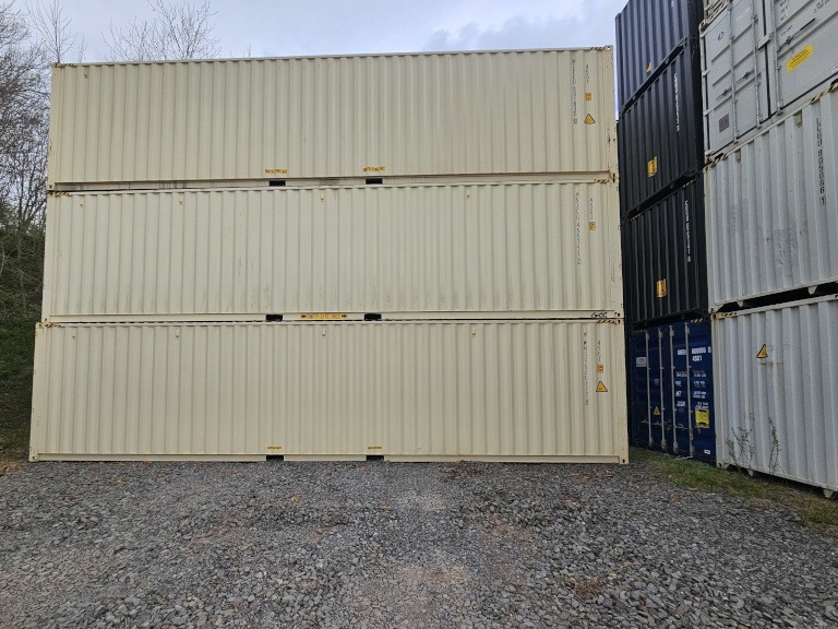 Stack of white 40 foot high cube containers